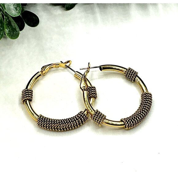 Gold Two Tone Twisted Wire Wrapped Hoop Earrings - Picture 4 of 7